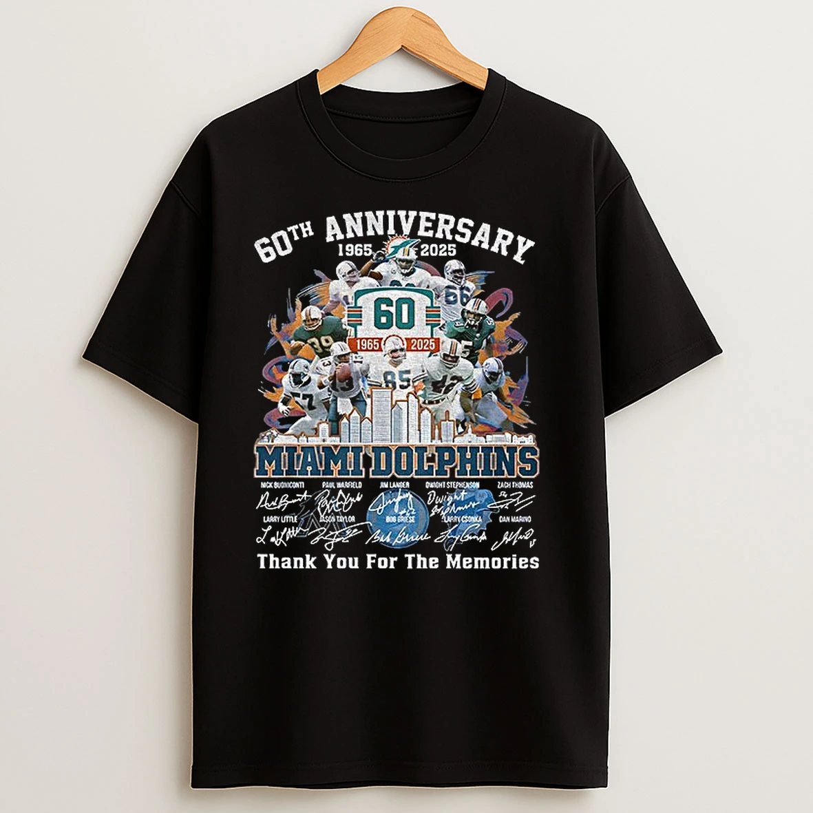 Miami Dolphins 60th Anniversary 1965 2025 Fins Up Thank You For The Memories Signatures T Shirts