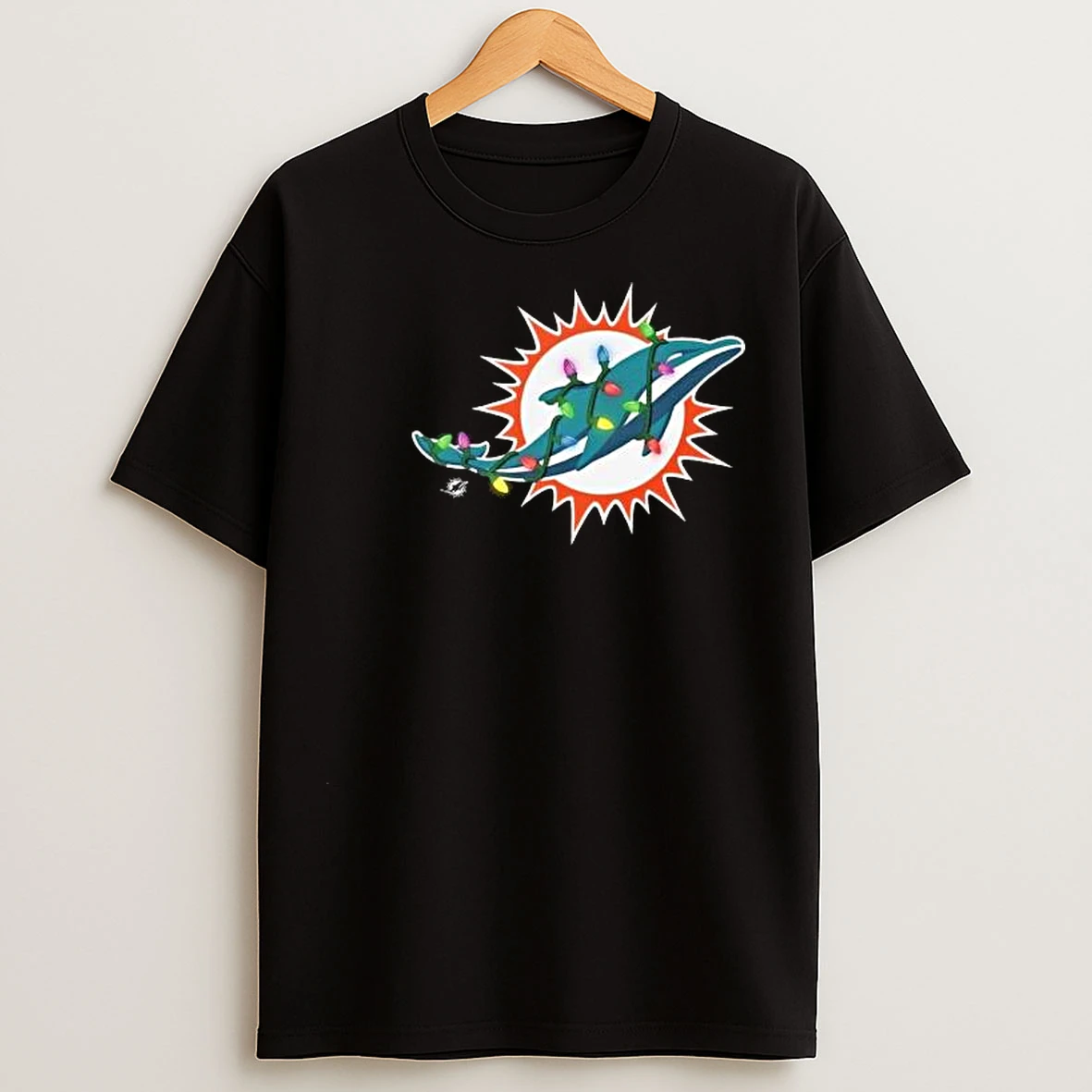 Miami Dolphins Primary Logo Holiday Lights 2025 Circle Black T Shirts