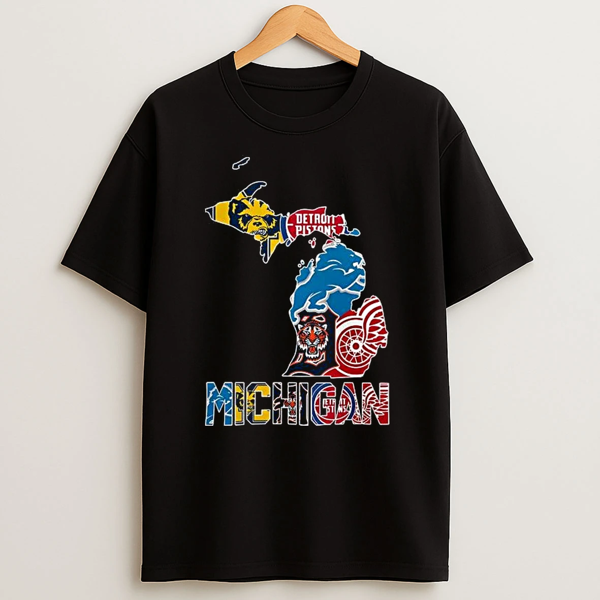 Michigan Map With Sports Team Logo Shirts