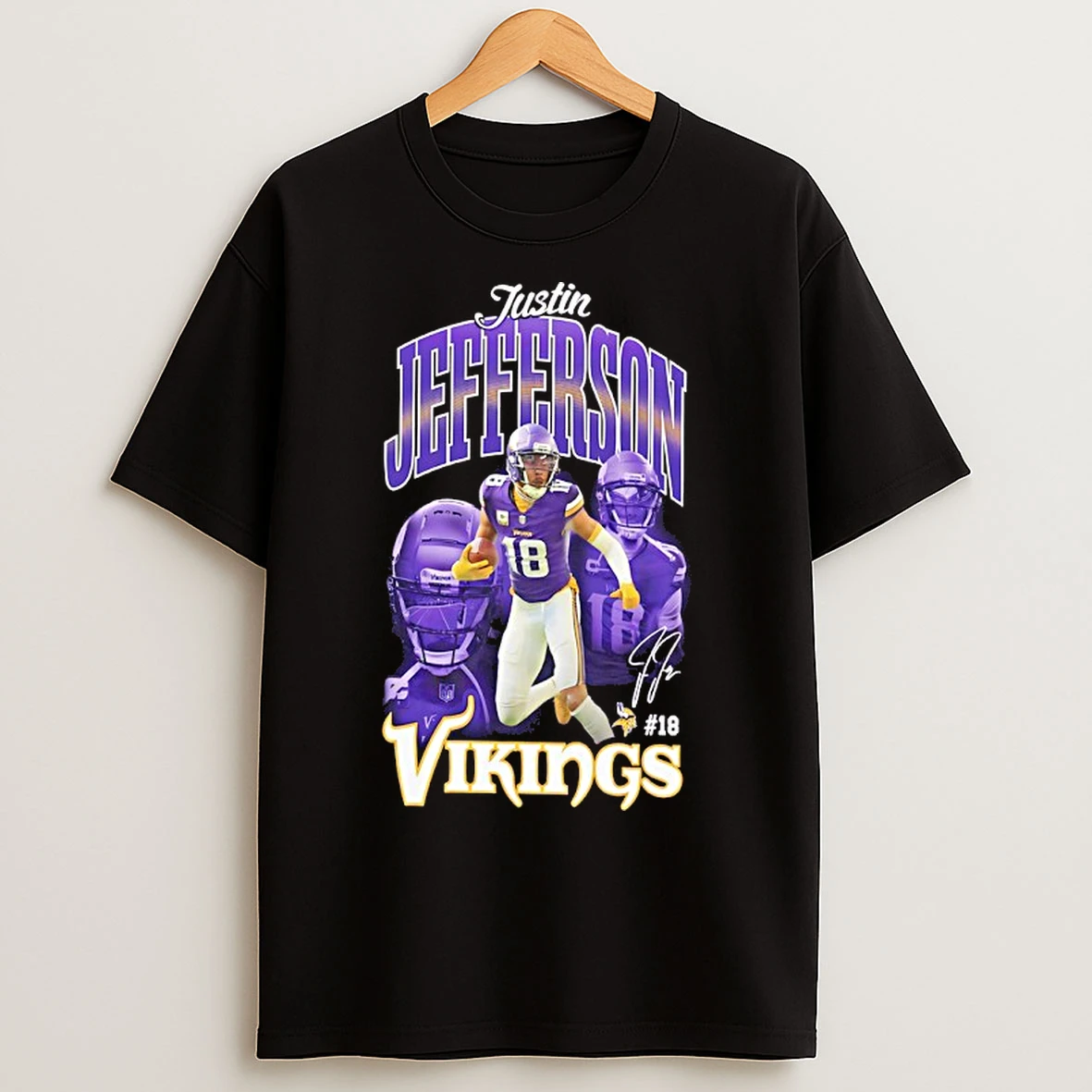 Minnesota Vikings Justin Jefferson 18 Triple Pic Signatrue T Shirts