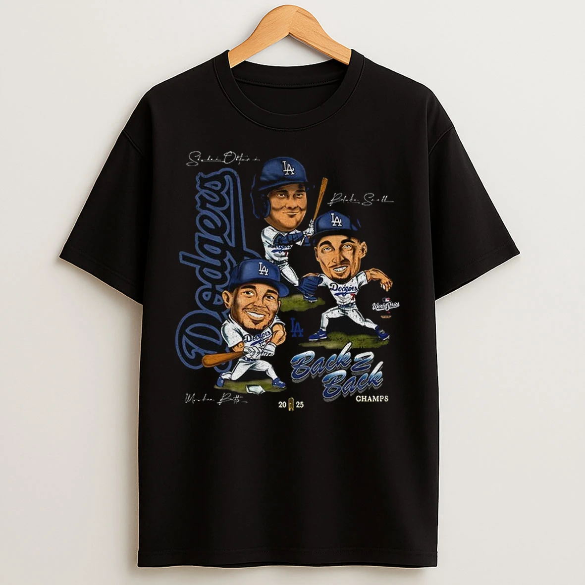 Mookie Betts Blake Snell And Shohei Ohtani Cartoon Los Angeles Dodgers Back 2 Back Champs 2025 T Shirts