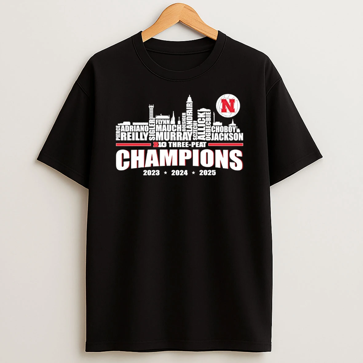 Nebraska Cornhuskers 2023 2024 2025 Big Three Peat Champions Players Names City Skyline Shirts
