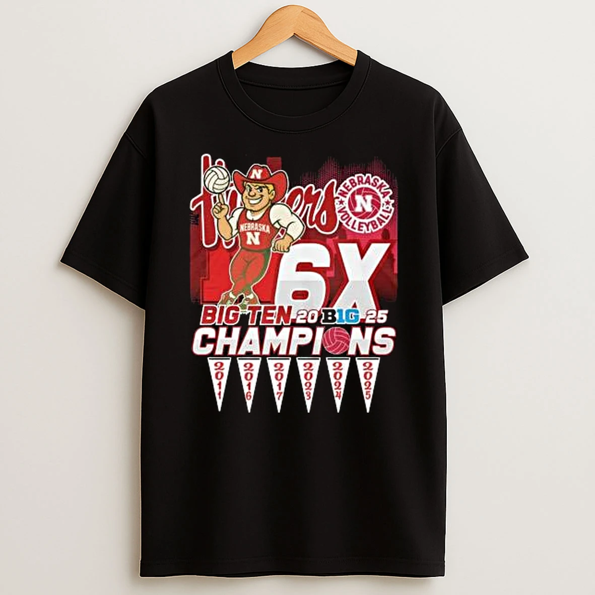 Nebraska Cornhuskers Volleyball Big Ten 2025 6x Champions Mascot Shirts
