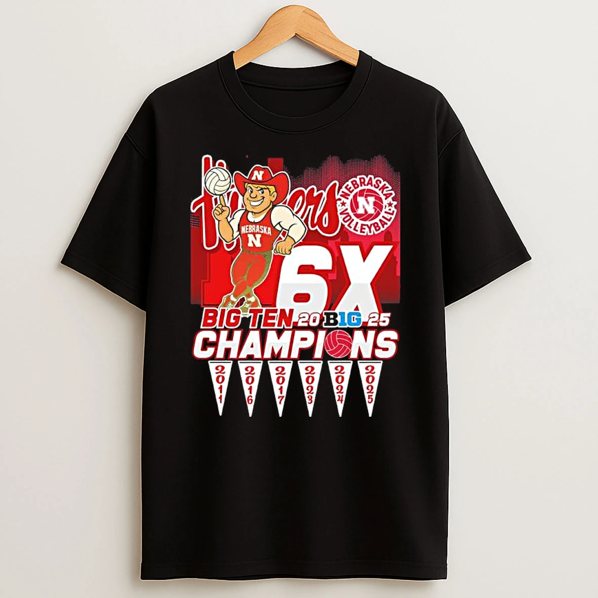 Nebraska Huskers 6x Big 10 Womens Volleyball Champions Mascot Shirts
