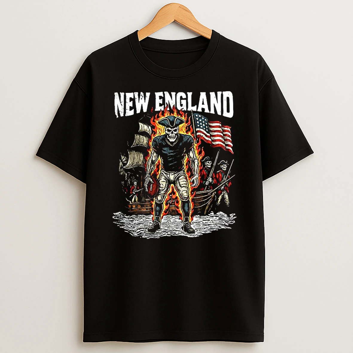 New England Patriots Football Skeleton Sailboat Flag Retro Shirts