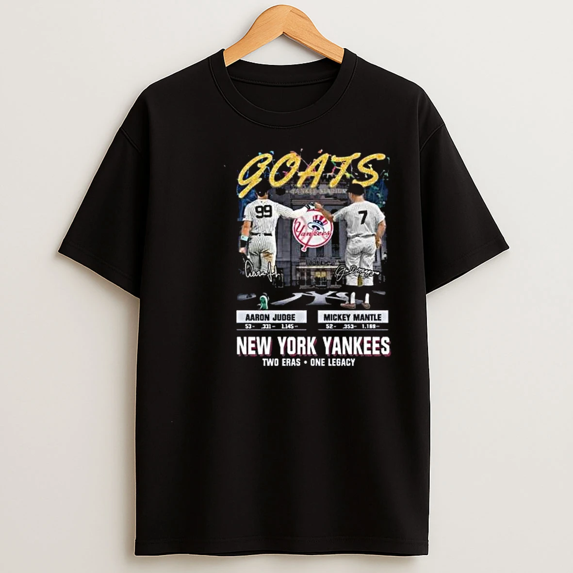 New York Yankees Aaron Judge Mickey Mantle Two Eras One Legacy Signatures 2025 Circle Black T Shirts