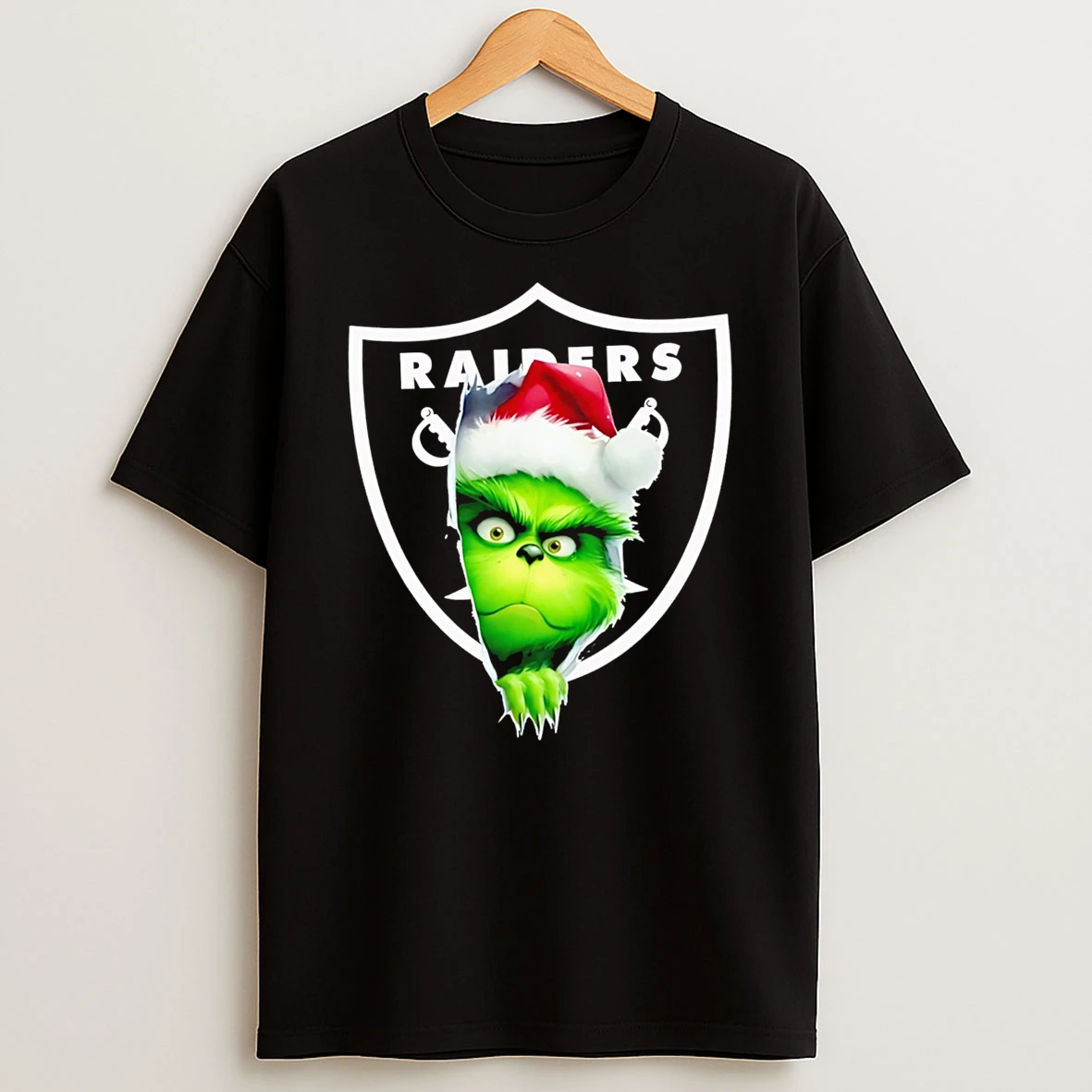Nice Grinch Peeking Through Raiders Football Christmas Holiday Shirts