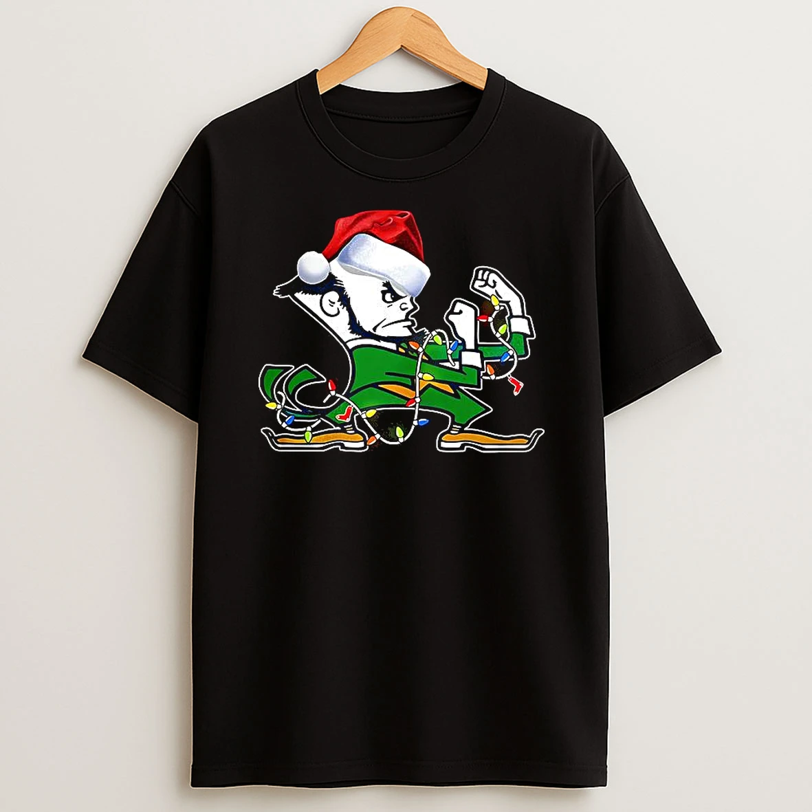 Notre Dame Fighting Irish Football Leprechaun Santa Hat String Lights Christmas Shirts