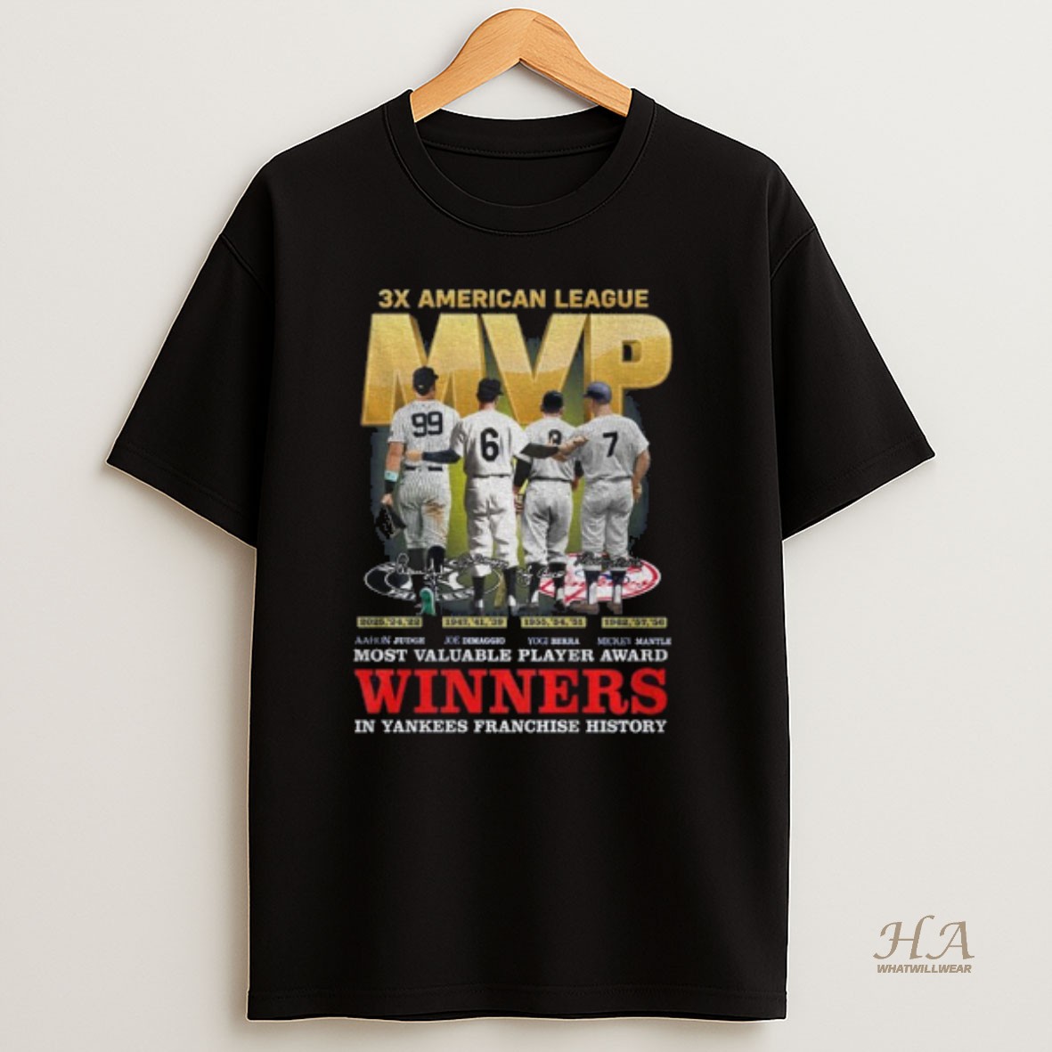 Official Aaron Judge Joe Dimaggio Yogi Berra And Mickey Mantle New York Yankees 3x American League Winner T Shirt