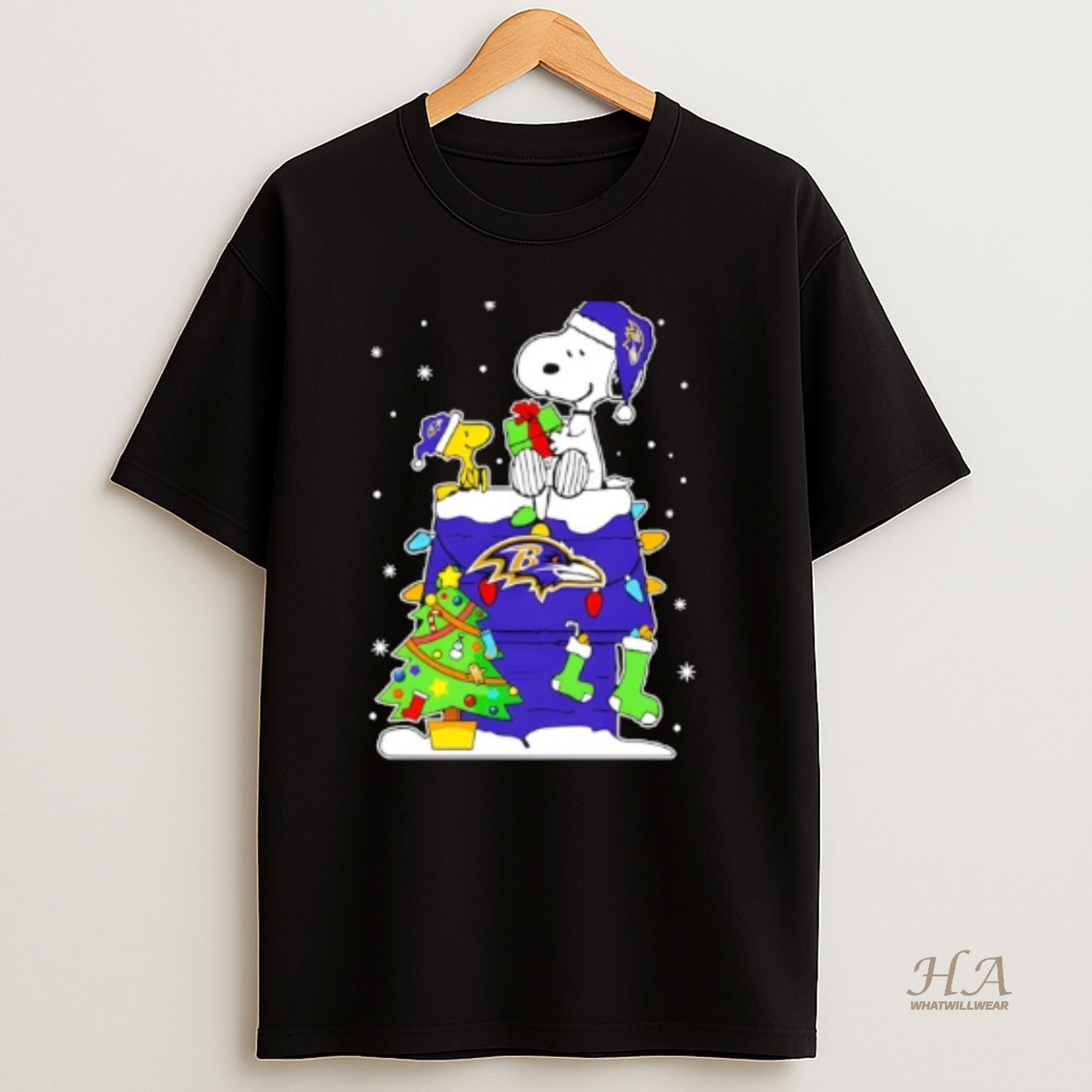 Official Baltimore Ravens Snoopy And Woodstock Holiday Christmas T Shirt