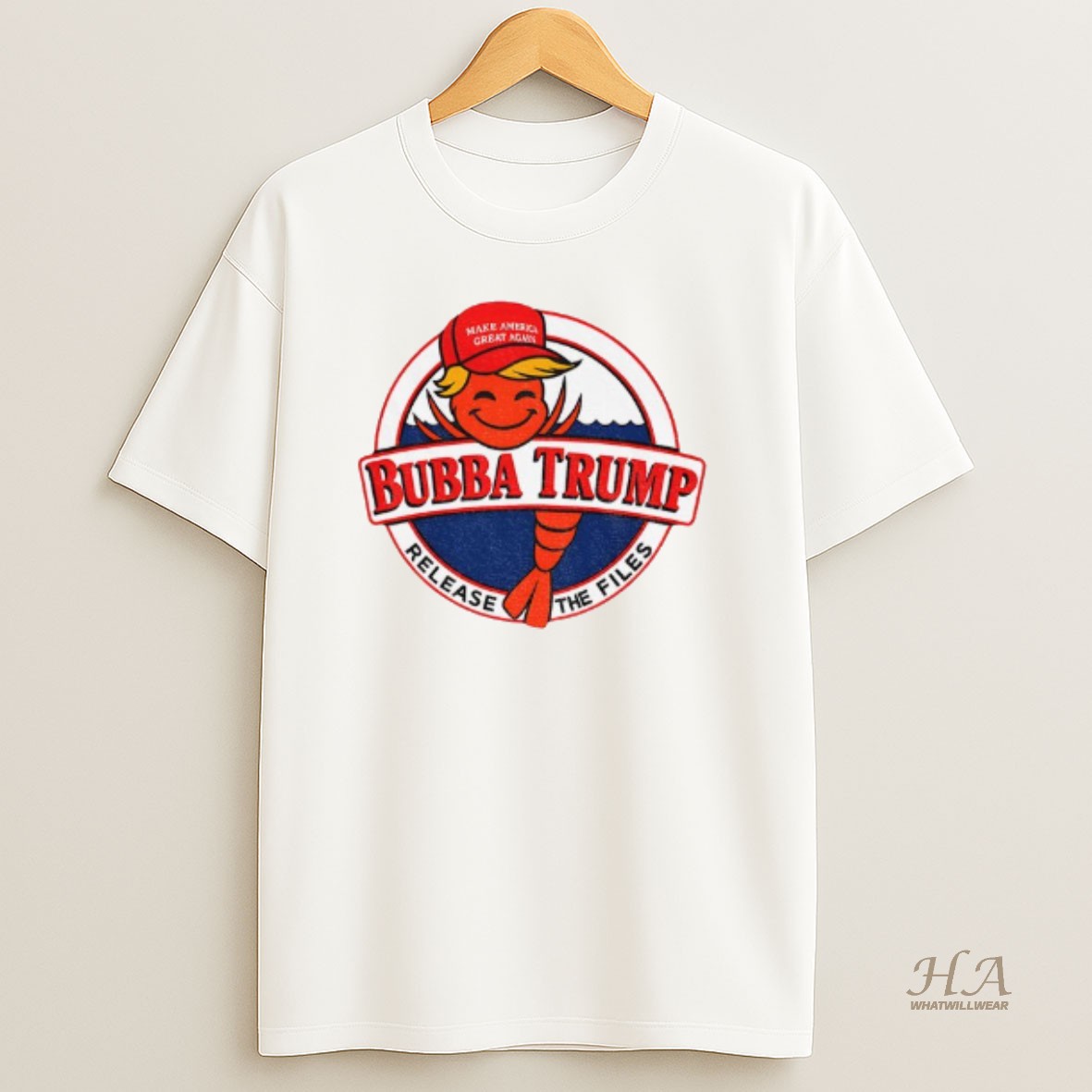 Official Bubba Trump Shrimp Character Maga Red Hat Epstein Release The Files T Shirt