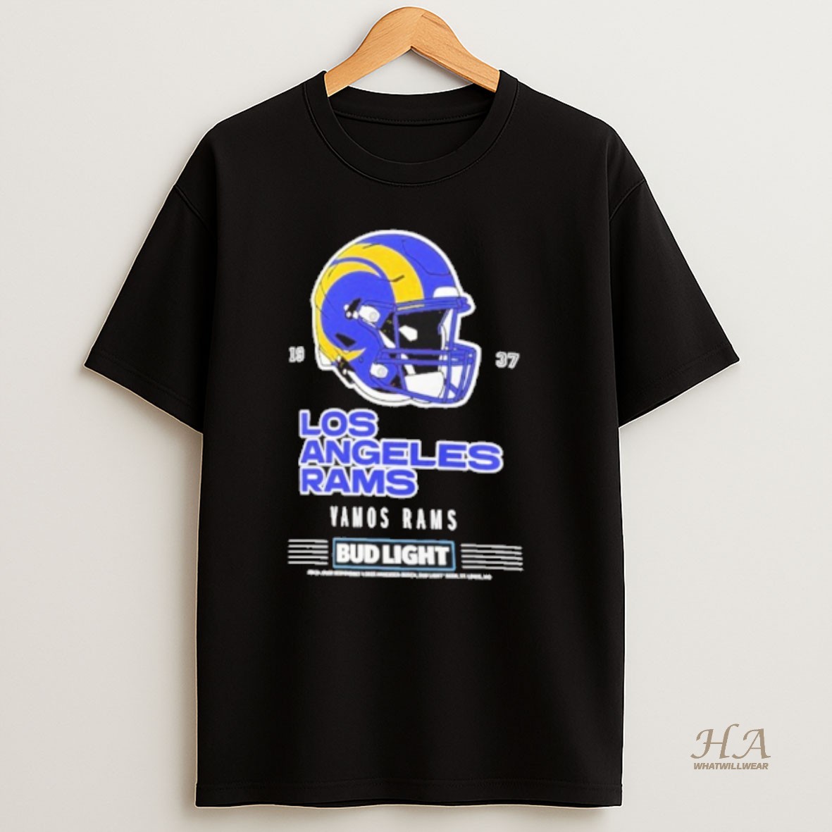 Official Bud Light X Los Angeles Rams Vamos Rams Helmet T Shirt
