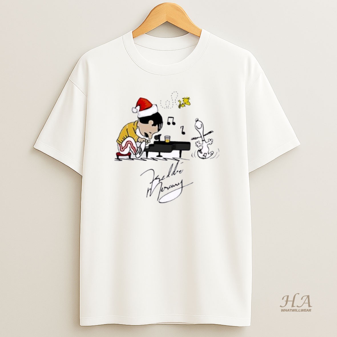 Official Charlie As Freddie Mercury Playing Piano And Snoopy Woodstock Ornaments White T Shirt