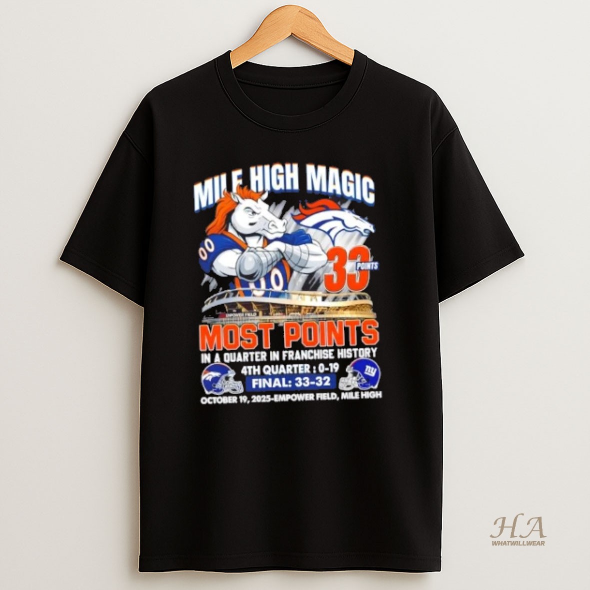 Official Denver Broncos Mile High Magic 33 Points Most Points T Shirt