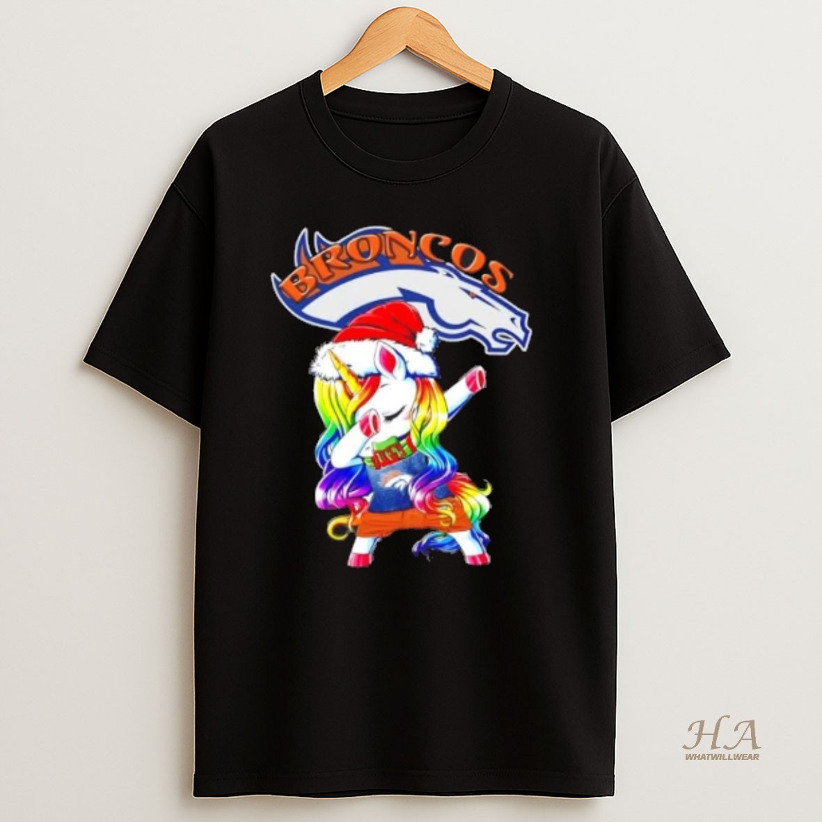 Official Denver Broncos X Unicorn Santa Hat Dabbing Merry Christmas T Shirt