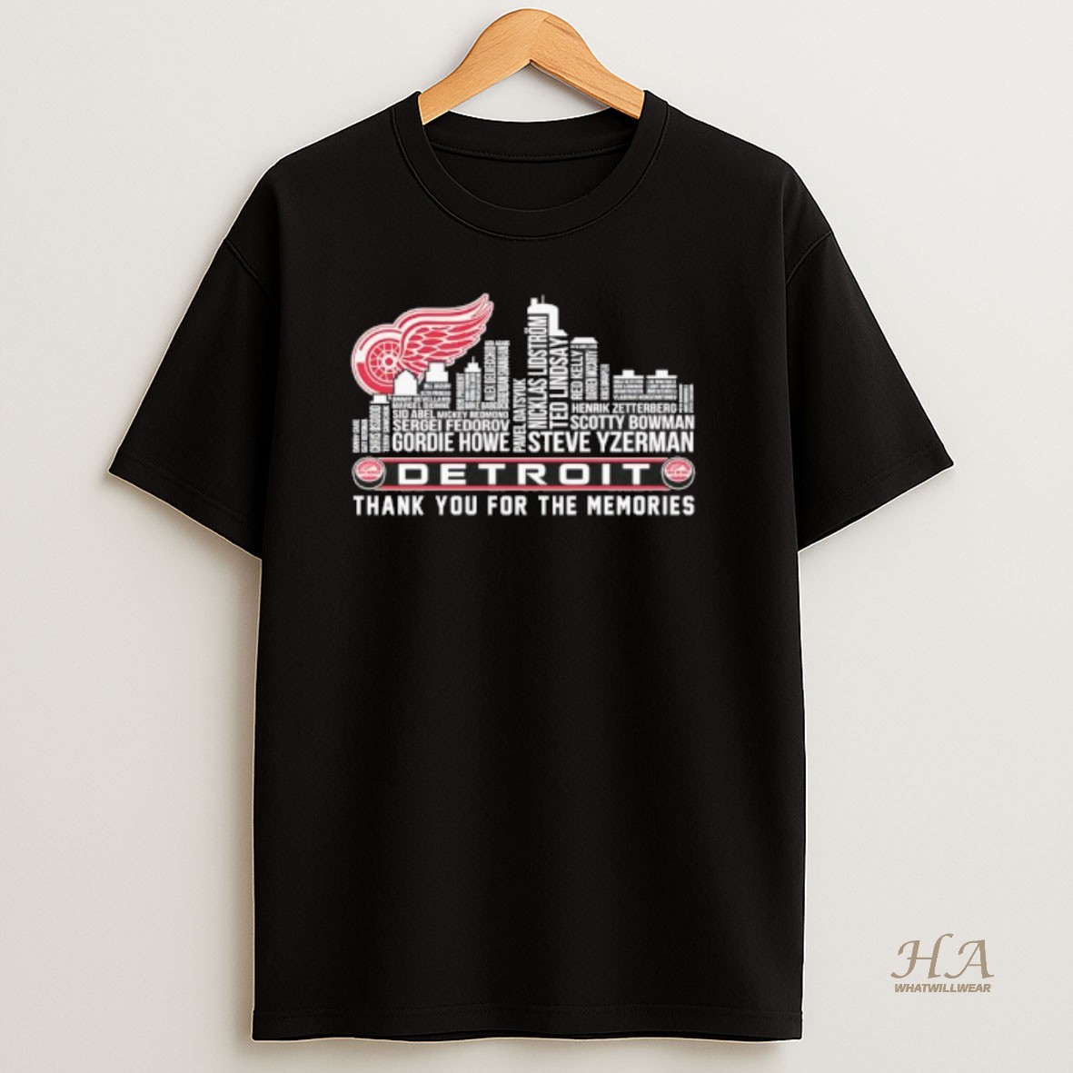 Official Detroit Red Wings Players Names City Skyline Thank You For The Memories T Shirt