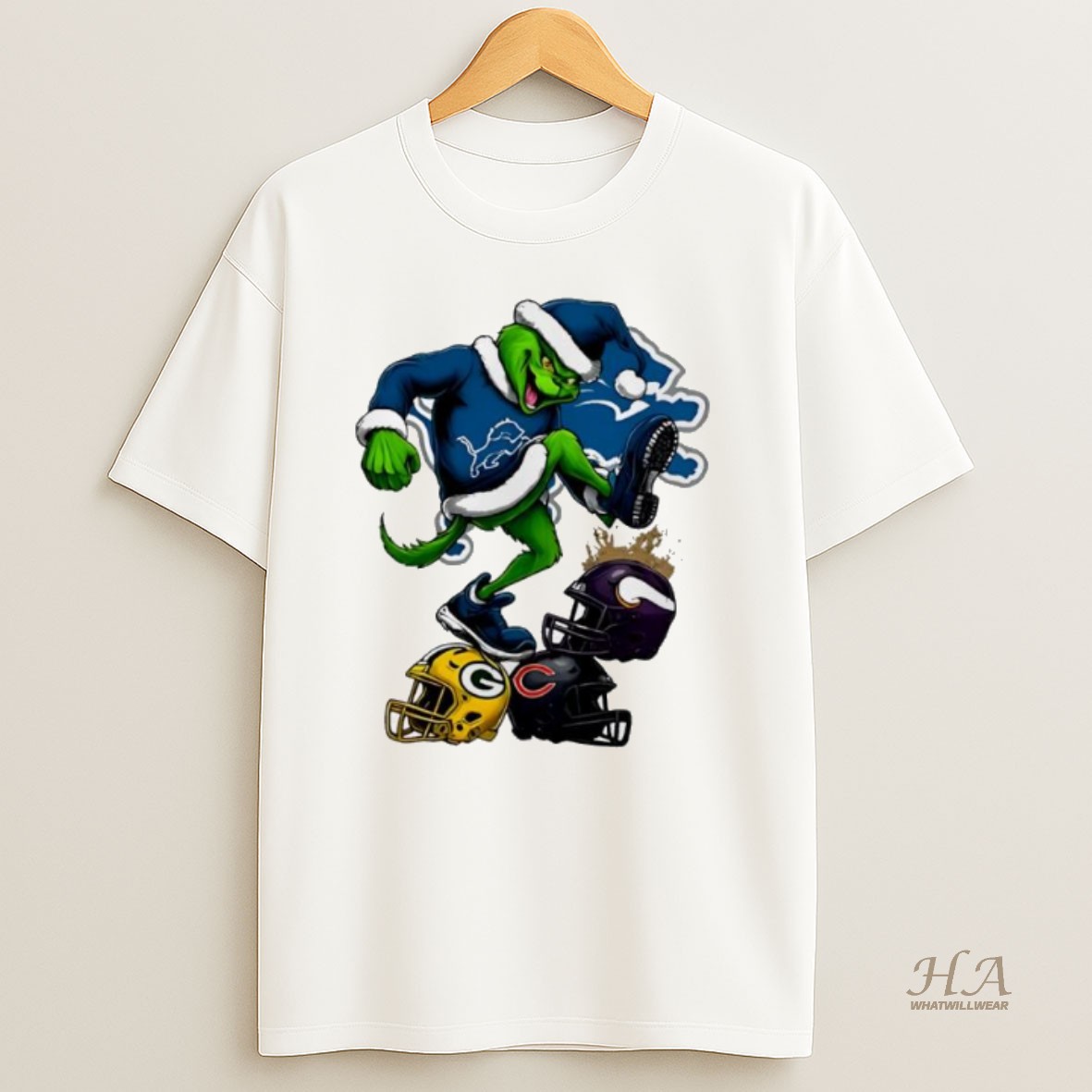 Official Detroit Lions Santa Grinch Stomp Nfl Helmets Funny Christmas T Shirt