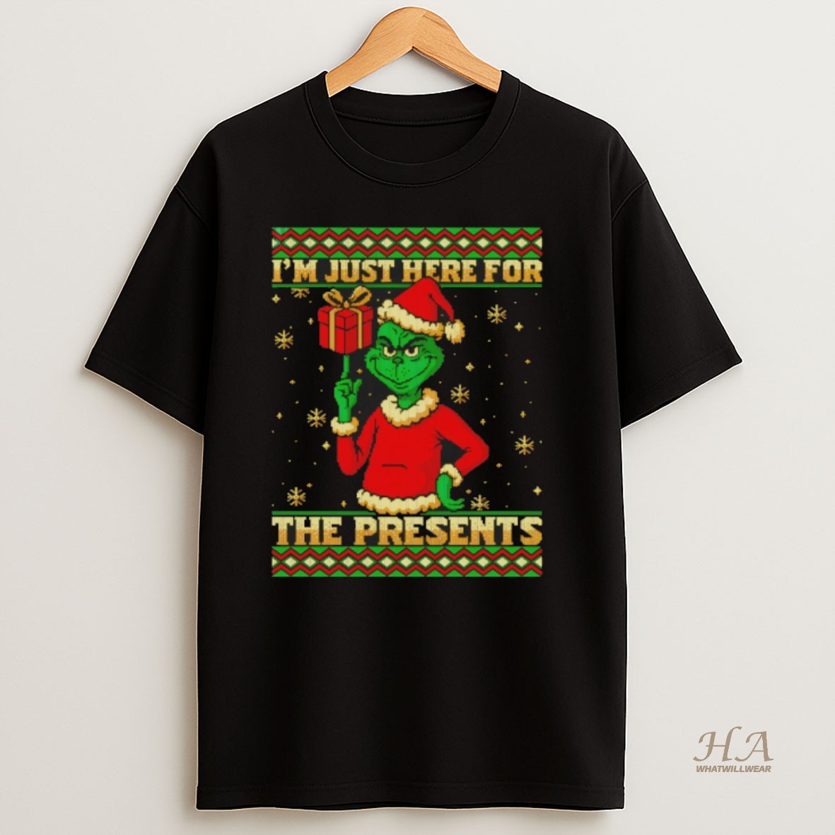 Official Grinch Santa Claus Just Here For The Presents Gift Merry Christmas T Shirt