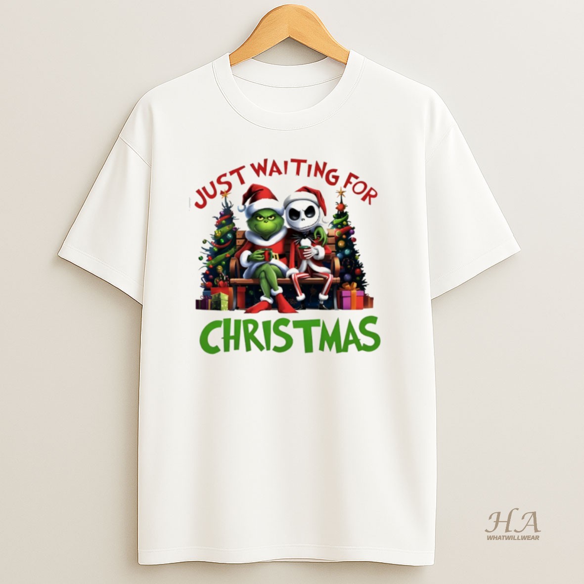 Official Grinch And Jack Skellington Funny Christmas Just Waiting For Christmas T Shirt