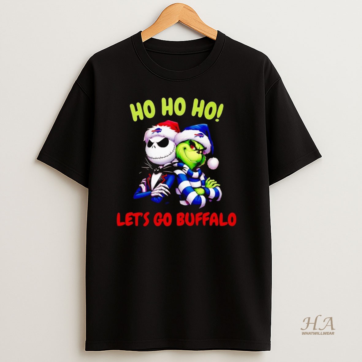 Official Grinch And Jack Skellington Ho Ho Ho Lets Go Buffalo Bills Christmas T Shirt