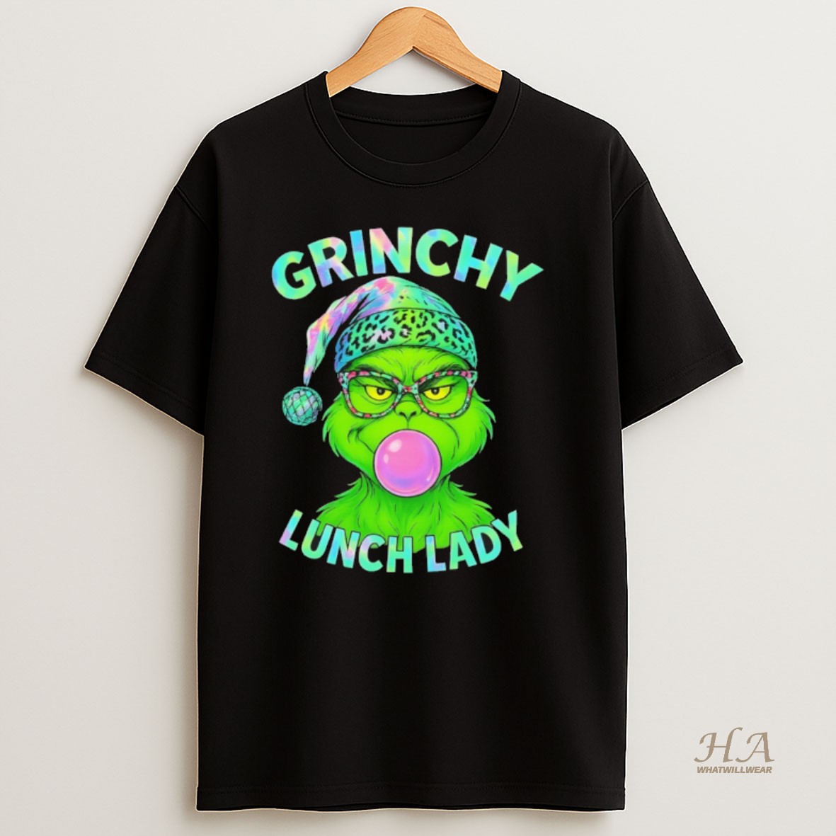 Official Grinch Blowing Gum Bubble Grinchy Lunch Lady Merry Christmas T Shirt
