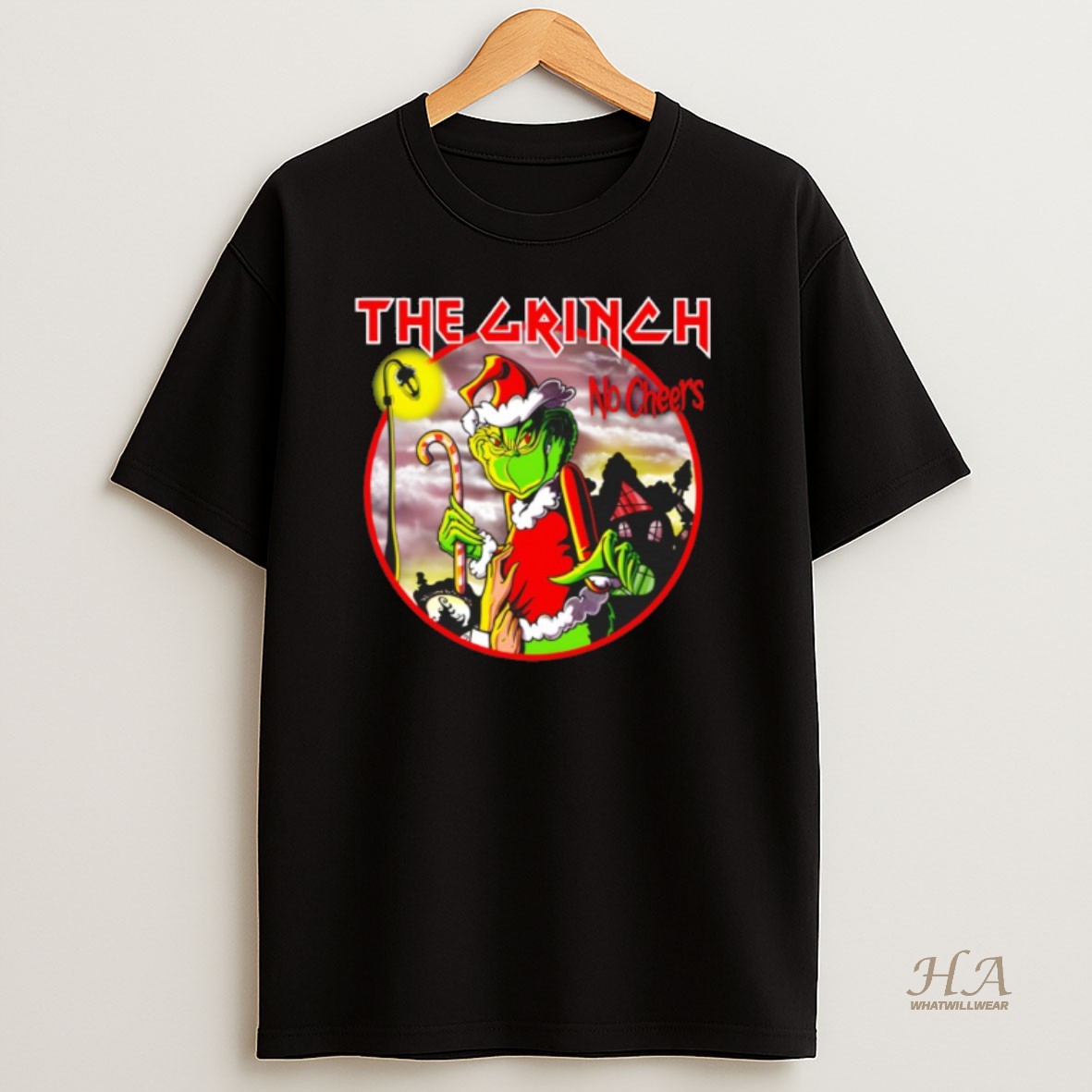 Official Grinch In The Style Of An Iron Maiden Album The Grinch No Cheers Merry Christmas T Shirt