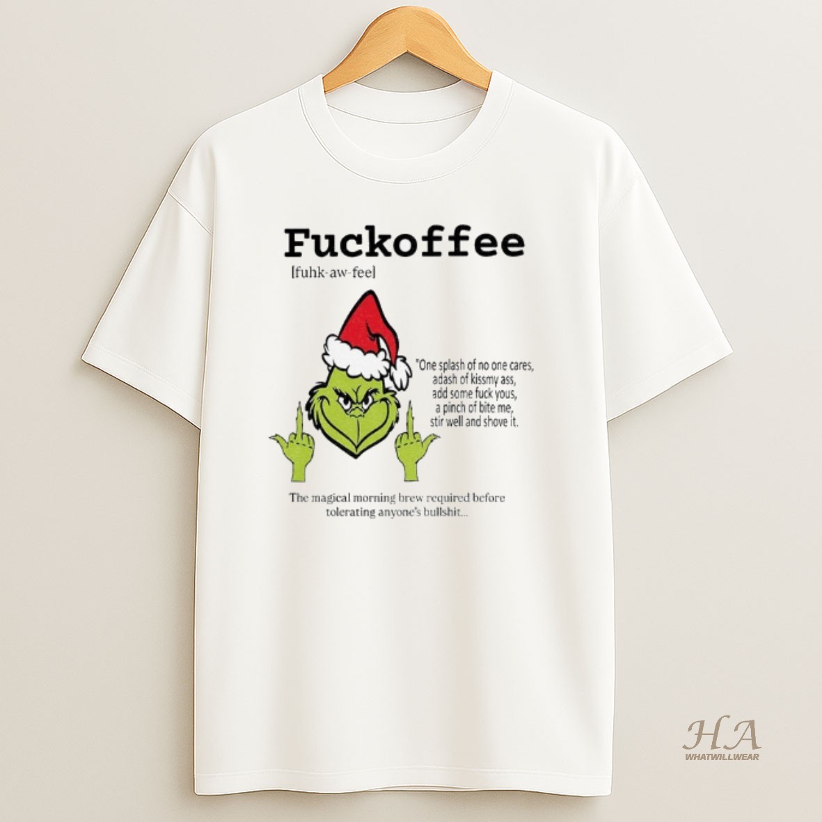 Official Grinch Middle Finger Fuckoffee Definition One Splash Of No One Cares Merry Christmas T Shirt