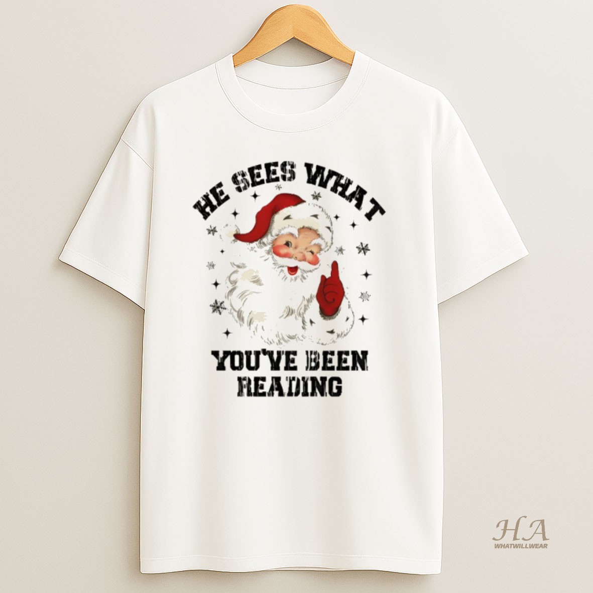 Official He Sees What Youve Been Reading Santa Christmas Funny Bookish T Shirt