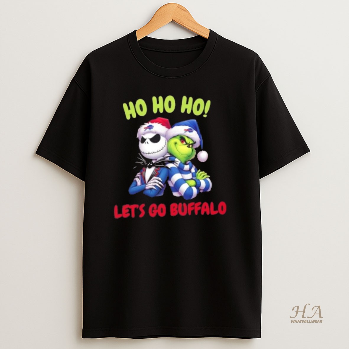 Official Jack Skellington And Grinch Ho Ho Ho Lets Go Buffalo Bills Merry Christmas T Shirt