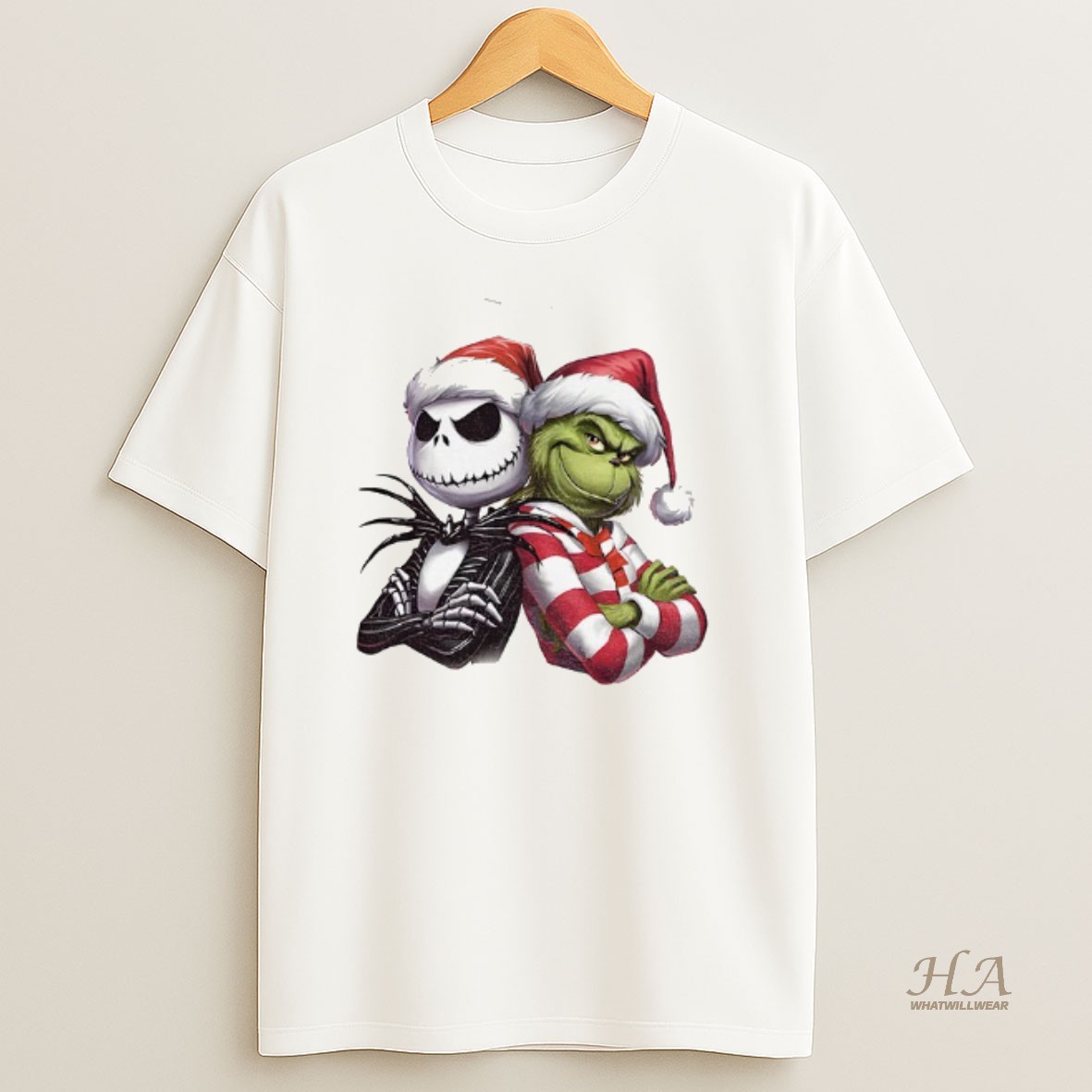 Official Jack Skellington And Grinch Santa Hat Christmas T Shirt