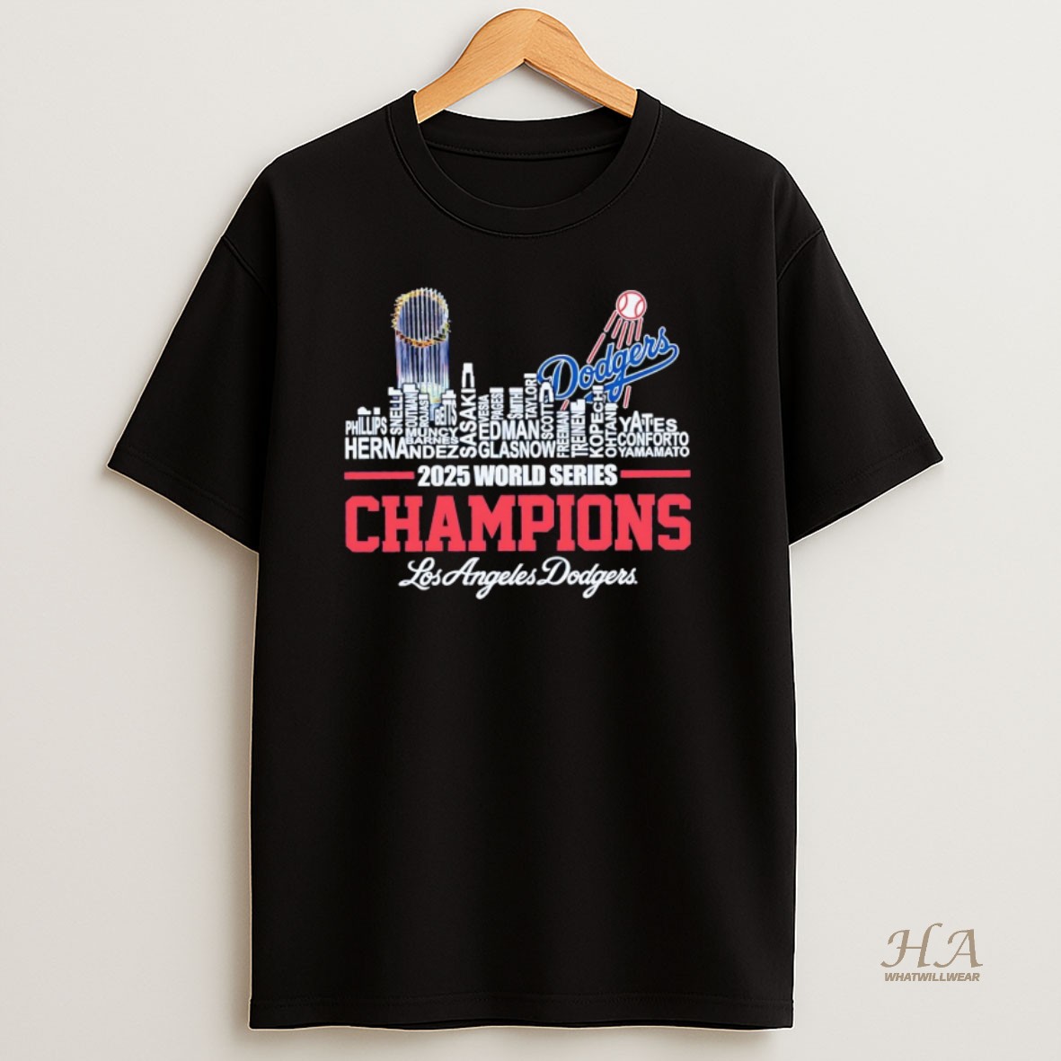 Official Los Angeles Dodgers 2025 World Series Champions Players Names Skyline T Shirt