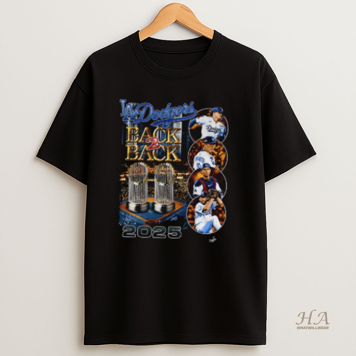 Official Los Angeles Dodgers Back 2 Back 2025 World Series Champions Trophy Graphic T Shirt