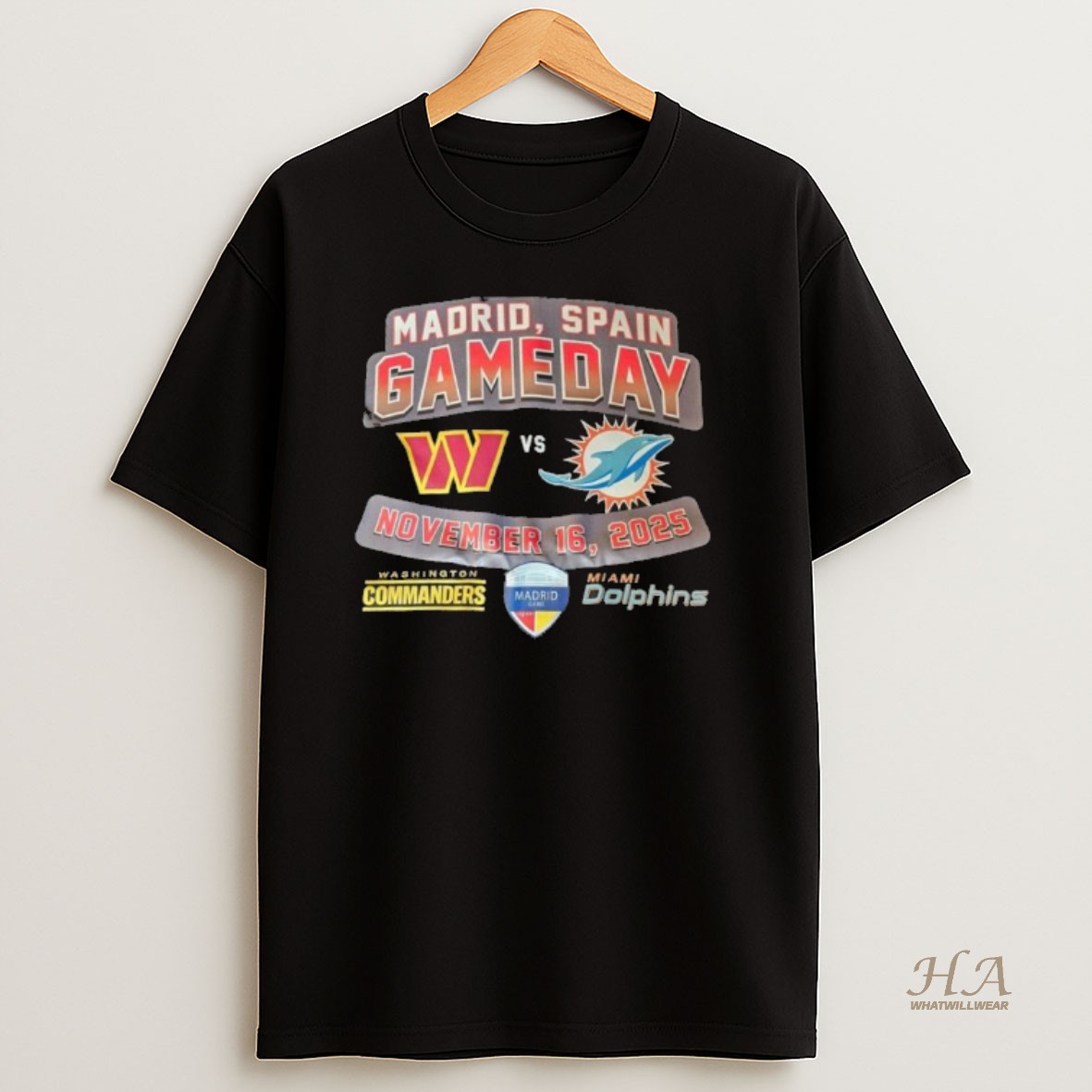 Official Madrid Spain Gameday 2025 Washington Commanders Vs Miami Dolphins T Shirt