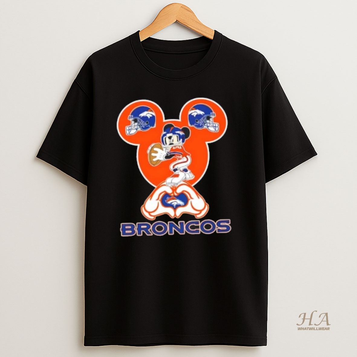 Official Mickey Hands Heart Denver Broncos Football T Shirt