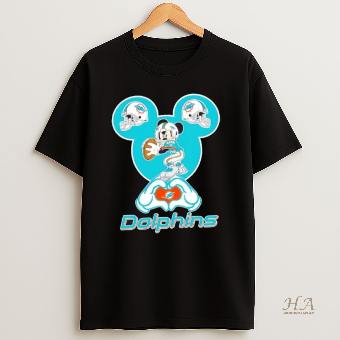 Official Mickey Hands Heart Miami Dolphins Football T Shirt