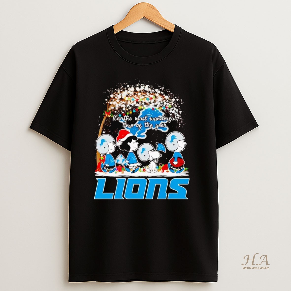 Official Peanuts Characters Detroit Lions Winter Its The Most Wonderful Time T Shirt