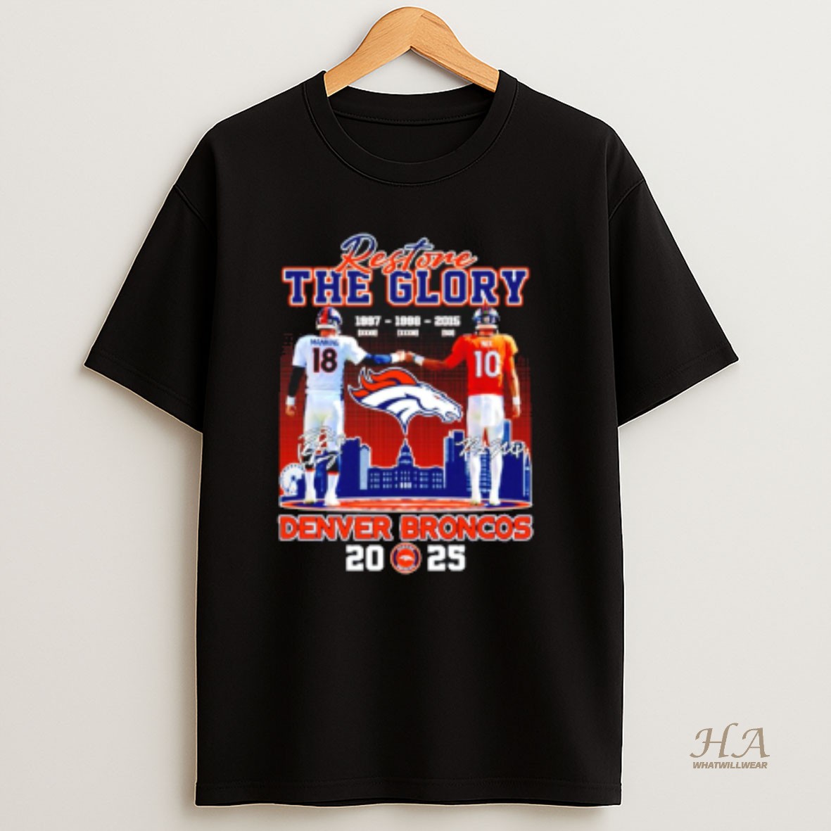 Official Restone The Glory Denver Broncos Manning And Nix 2025 City Skyline T Shirt
