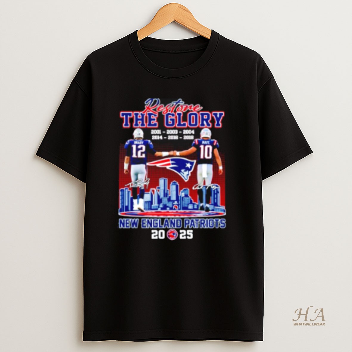 Official Restone The Glory New England Patriots Brady And Maye 2025 City Skyline T Shirt