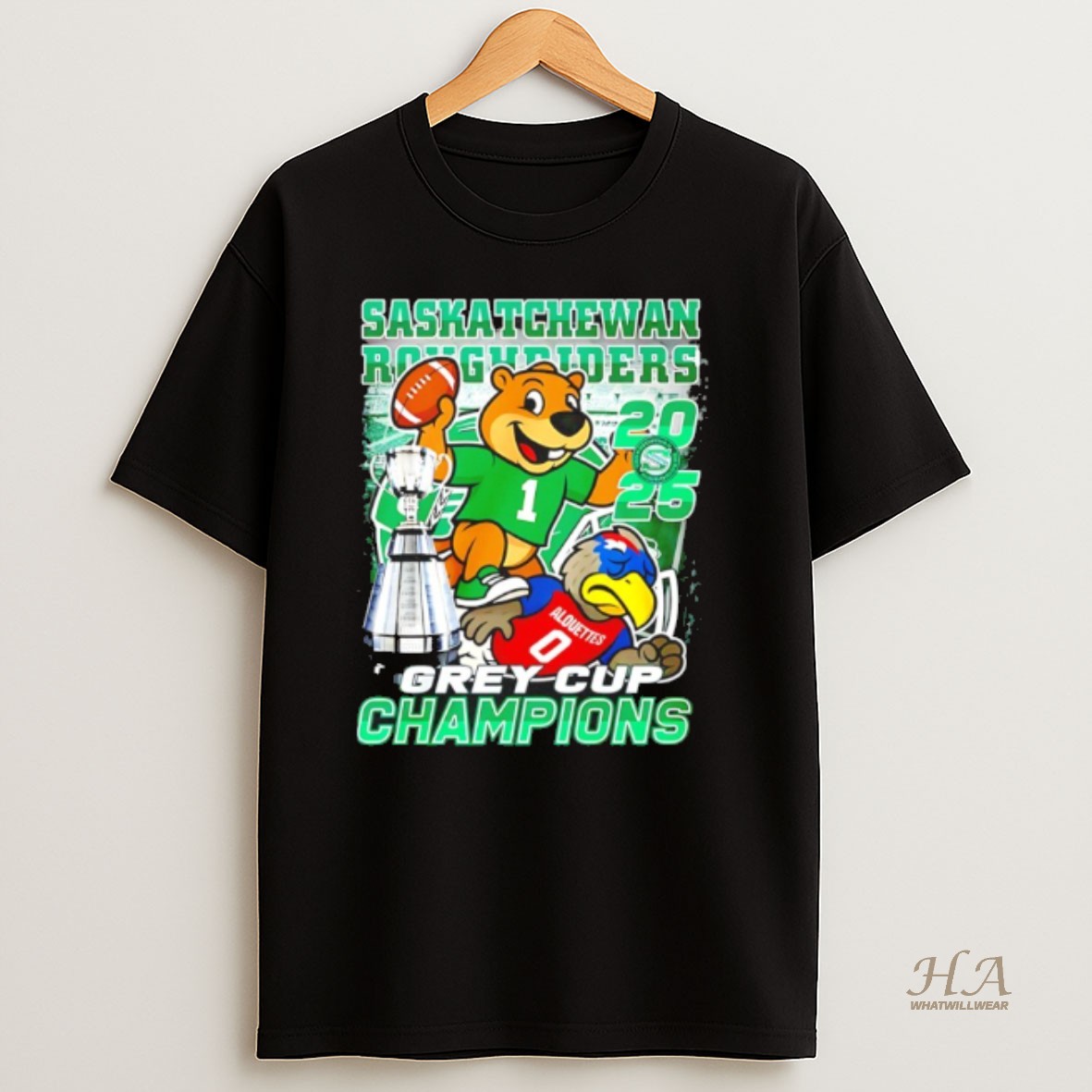 Official Saskatchewan Roughriders Beat Alouettes 2025 Grey Cup Champions Mascot T Shirt