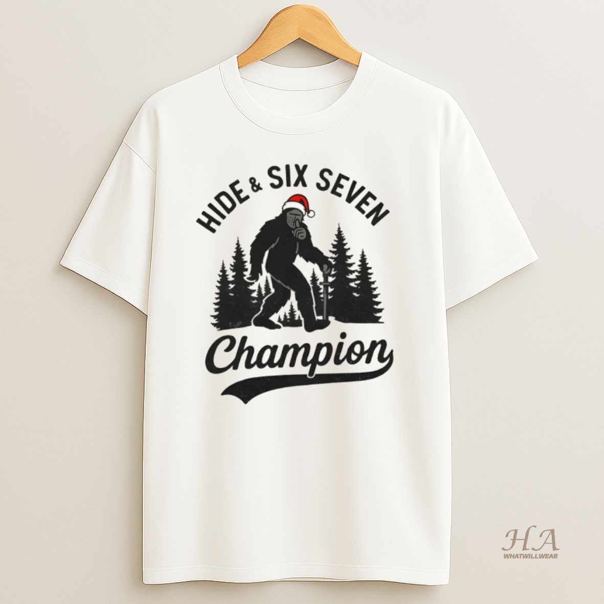 Official Sasquatch Santa Hat Forest Hide Six Seven Champion T Shirt