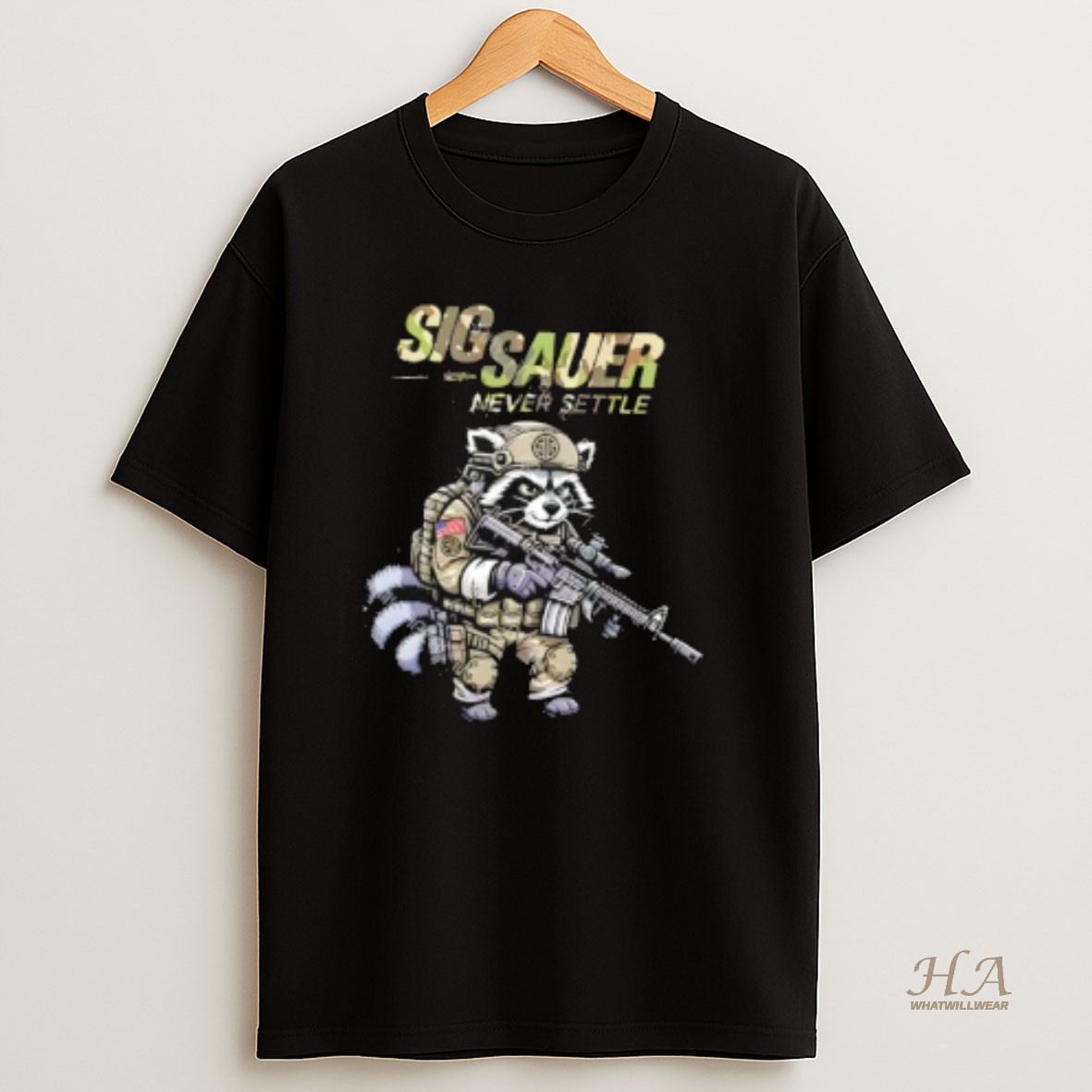 Official Sig Sauer Never Settle Raccoon Camo T Shirt