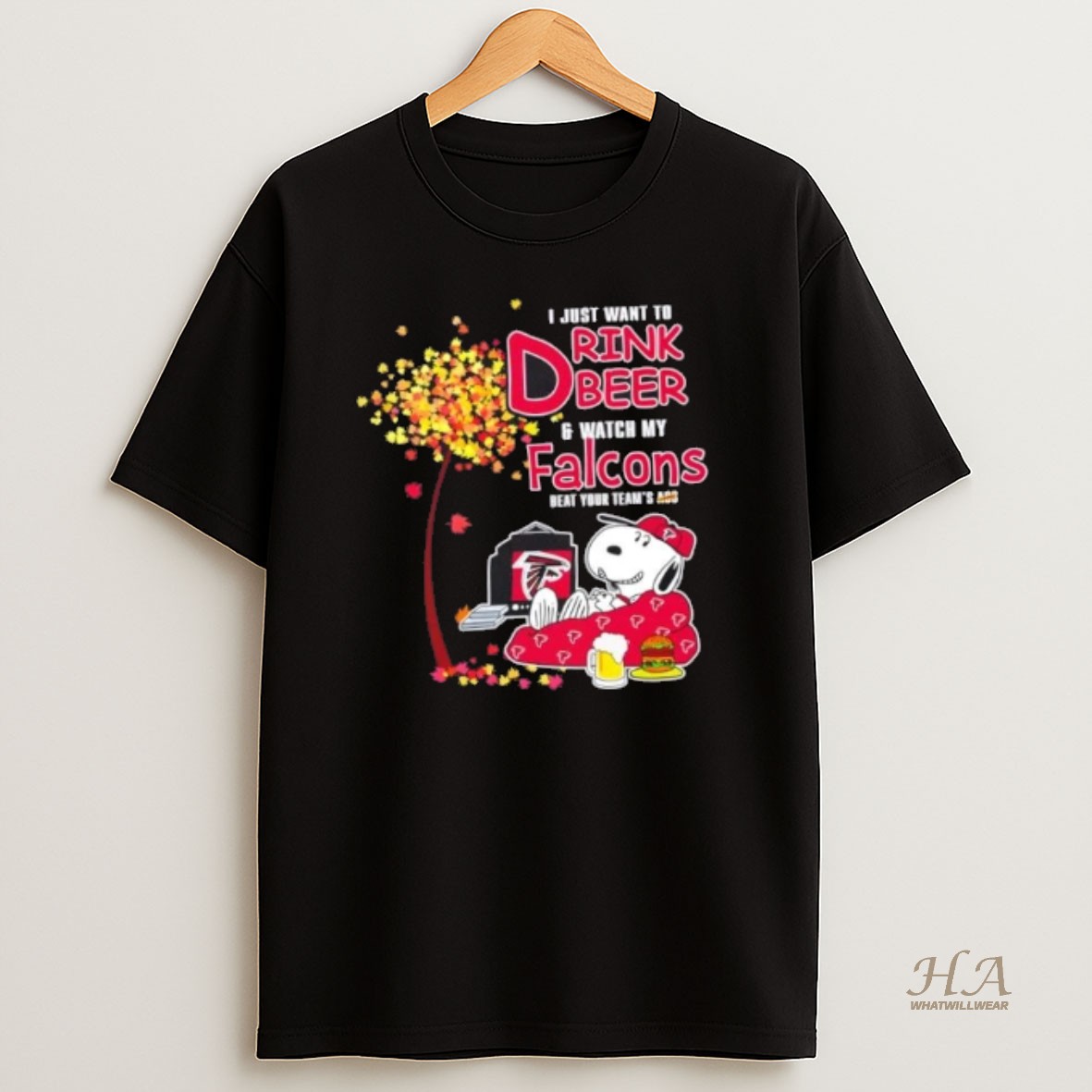 Official Snoopy I Just Want To Drink Beer And Watch My Atlanta Falcons Beat Your Teams Ass T Shirt