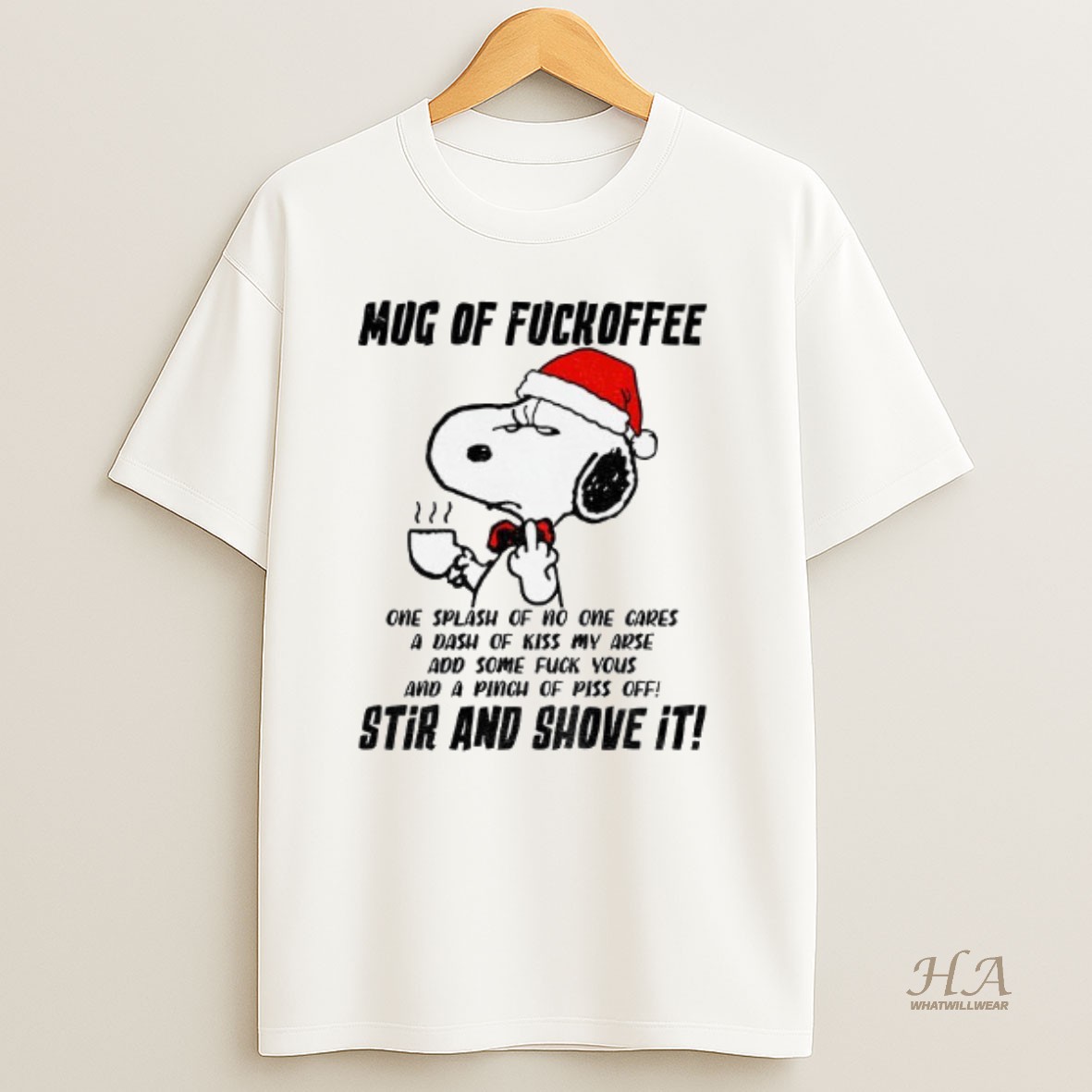 Official Snoopy Santa Hat Of Fuckoffee One Splash Of No One Cares A Dash Of Kiss My Arse Christmas T Shirt