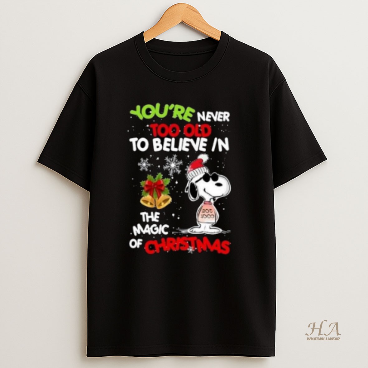 Official Snoopy Youre Never Too Old To Believe In The Magic Of Christmas 2025 Circle Black T Shirt