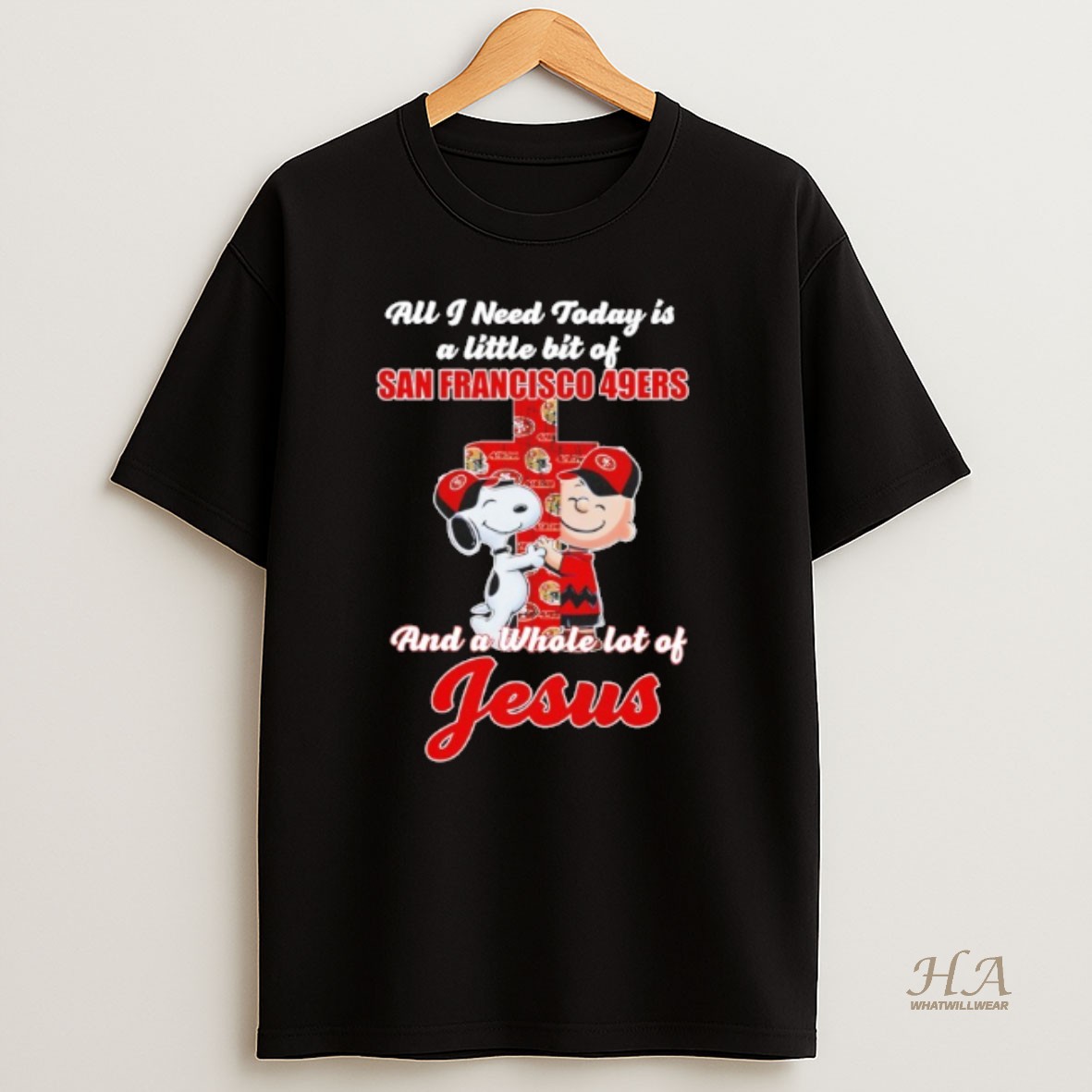 Official Snoopy And Charlie Brown Hug Cross A Little Bit Of San Francisco 49ers And A Whole Lot Of Jesus T Shirt