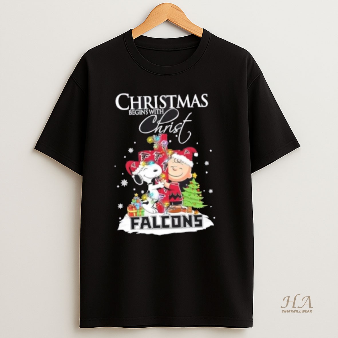 Official Snoopy And Charlie Brown X Atlanta Falcons Christmas Begins With Christ T Shirt
