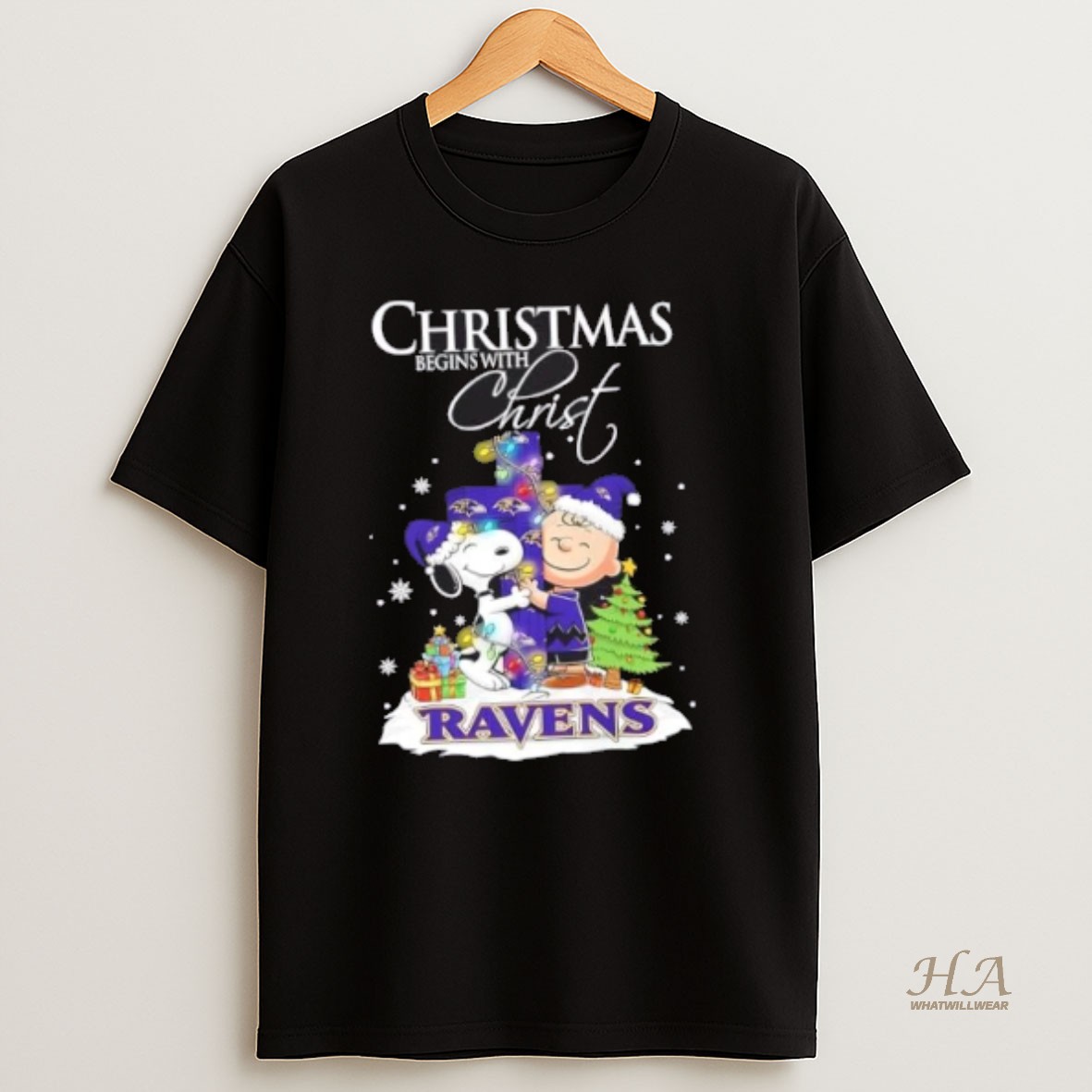 Official Snoopy And Charlie Brown X Baltimore Ravens Christmas Begins With Christ T Shirt