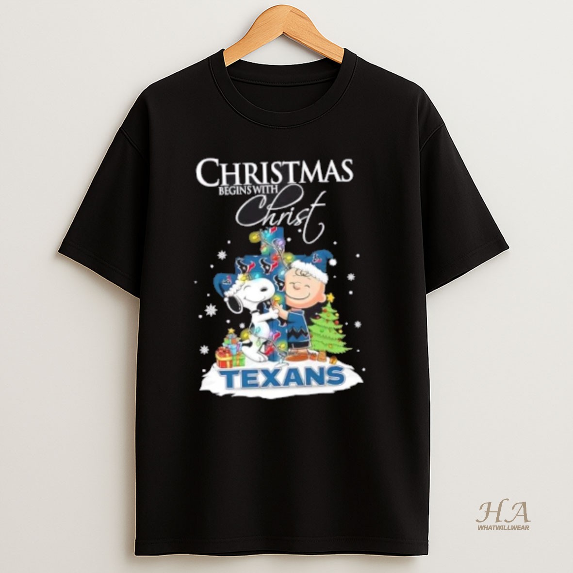 Official Snoopy And Charlie Brown X Houston Texans Christmas Begins With Christ T Shirt