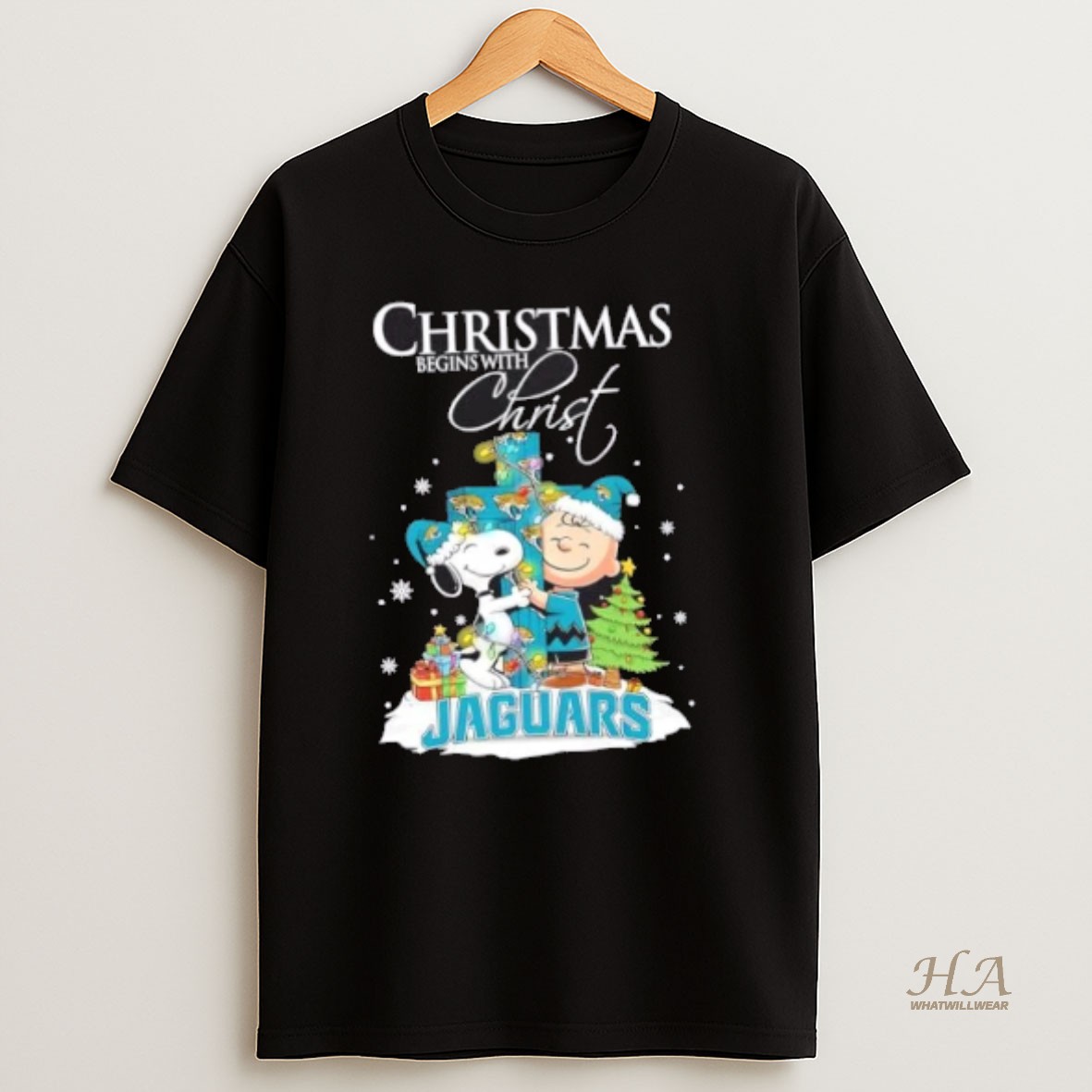 Official Snoopy And Charlie Brown X Jacksonville Jaguars Christmas Begins With Christ T Shirt