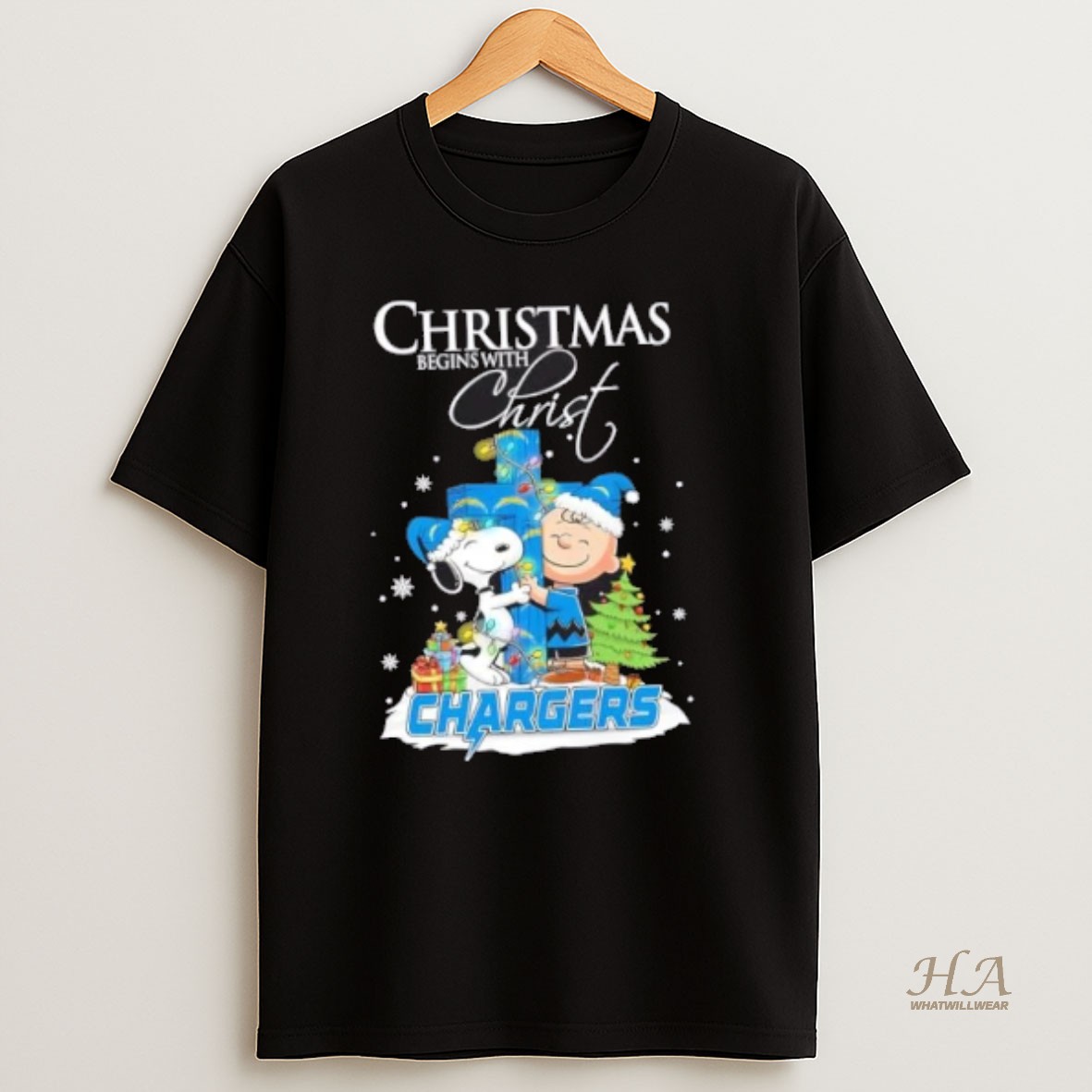 Official Snoopy And Charlie Brown X Los Angeles Chargers Christmas Begins With Christ T Shirt